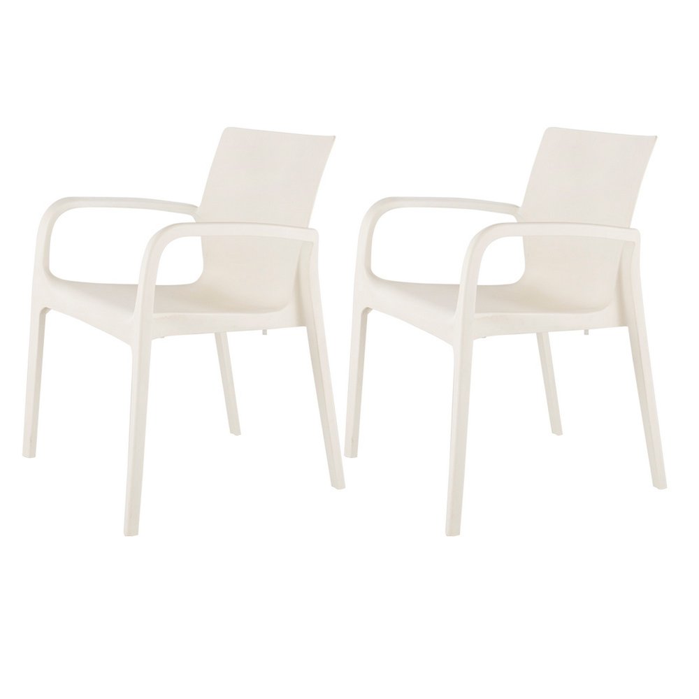 Set of Two White Heavy Duty Plastic Outdoor Stacking Dining Chairs on a white background