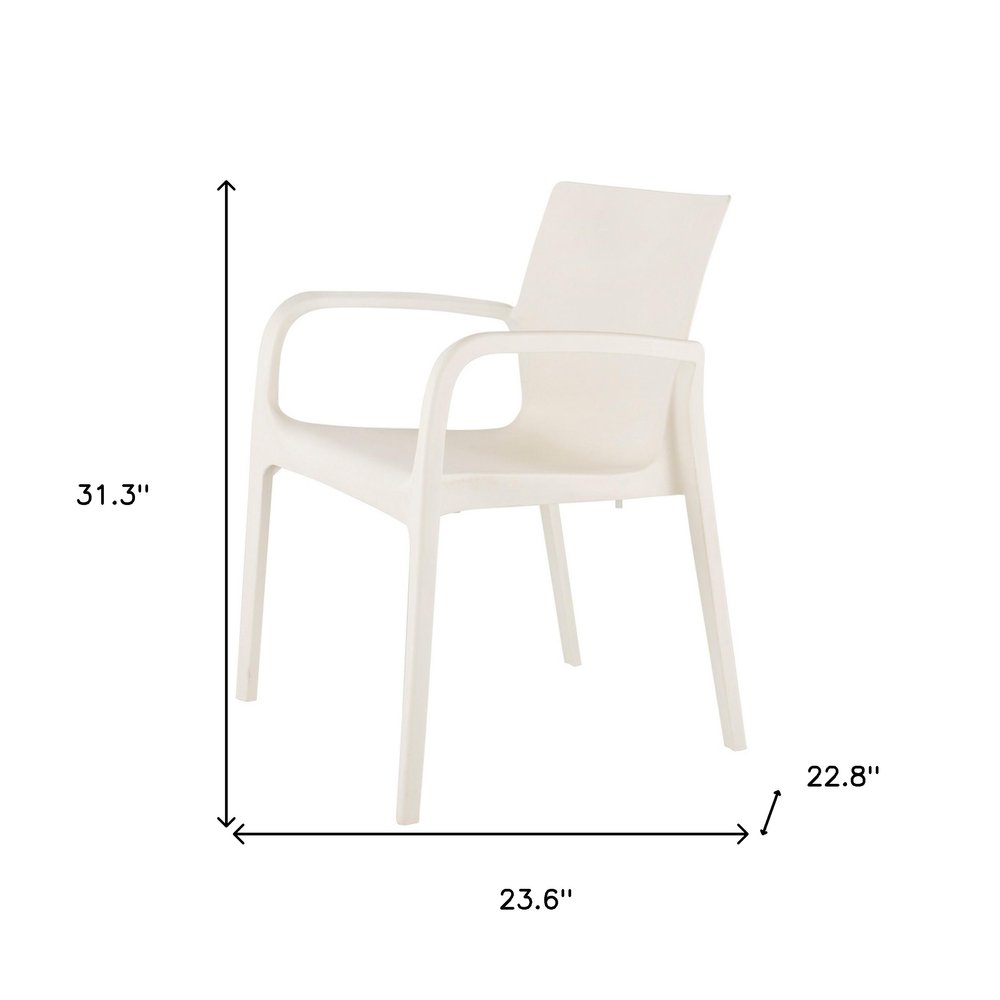 Set of Two White Heavy Duty Plastic Outdoor Stacking Dining Chairs on a white background