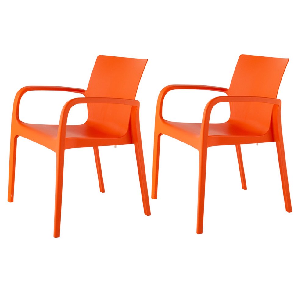Set of Two Orange Heavy Duty Plastic Outdoor Stacking Dining Chairs on a white background