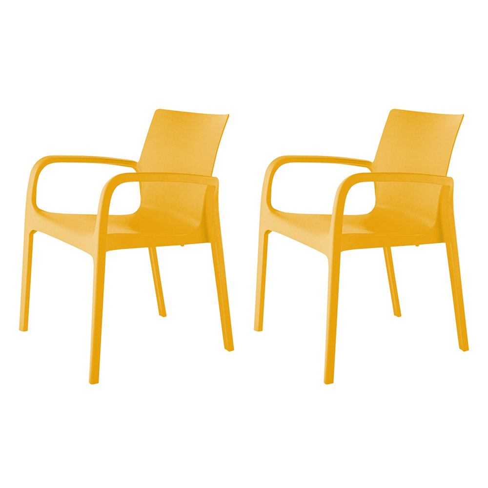 Set of Two Gold Heavy Duty Plastic Outdoor Stacking Dining Chairs on a white background