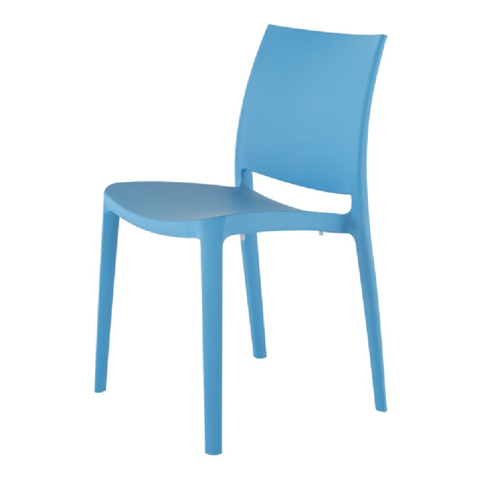 Set of Four Blue Heavy Duty Plastic Outdoor Stacking Dining Chairs on a white background