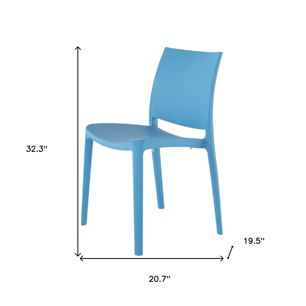 Set of Four Blue Heavy Duty Plastic Outdoor Stacking Dining Chairs on a white background