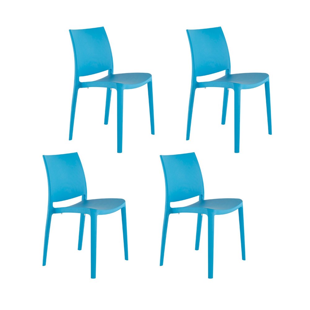 Set of Four Blue Heavy Duty Plastic Outdoor Stacking Dining Chairs on a white background
