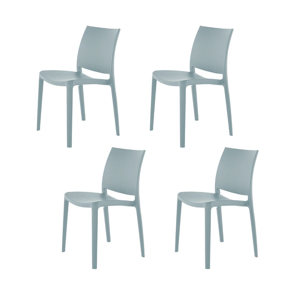 Set of Four Baby Blue Heavy Duty Plastic Outdoor Stacking Dining Chairs on a white background