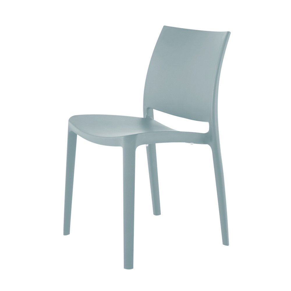 Set of Four Baby Blue Heavy Duty Plastic Outdoor Stacking Dining Chairs on a white background