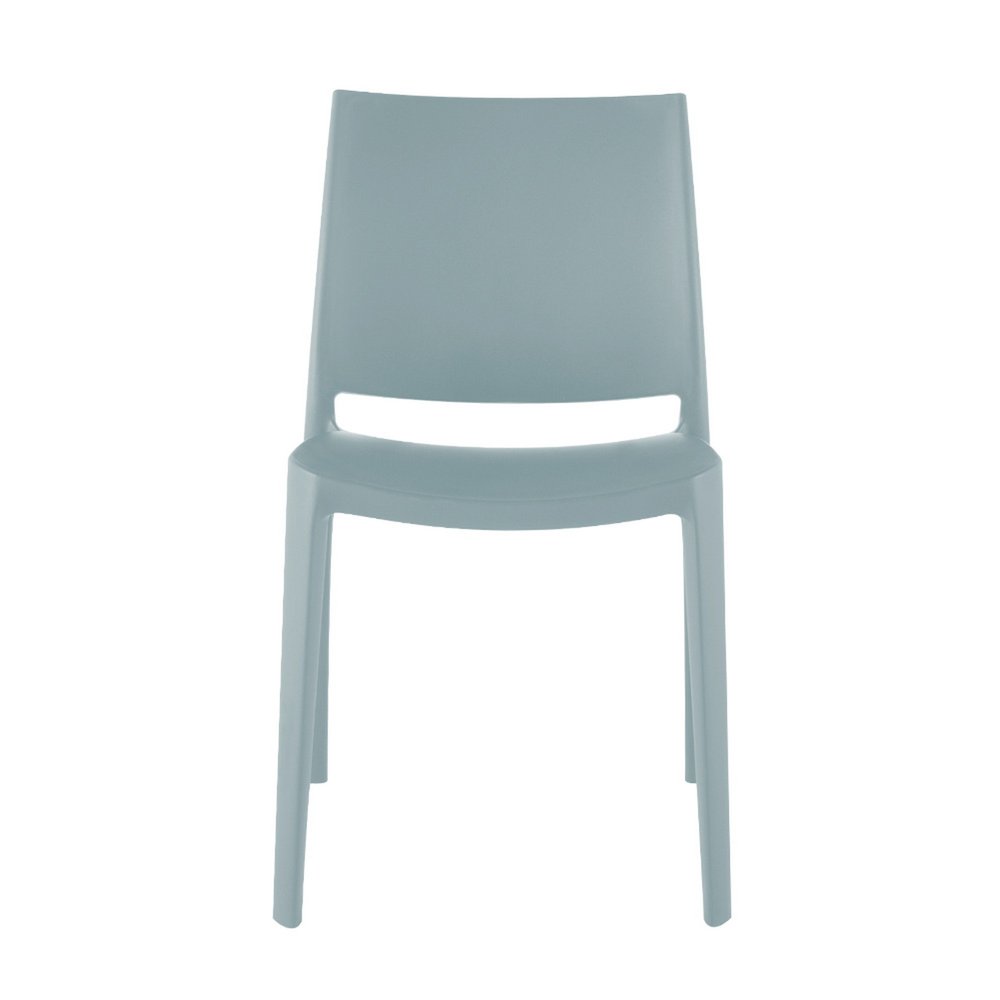 Set of Four Baby Blue Heavy Duty Plastic Outdoor Stacking Dining Chairs on a white background