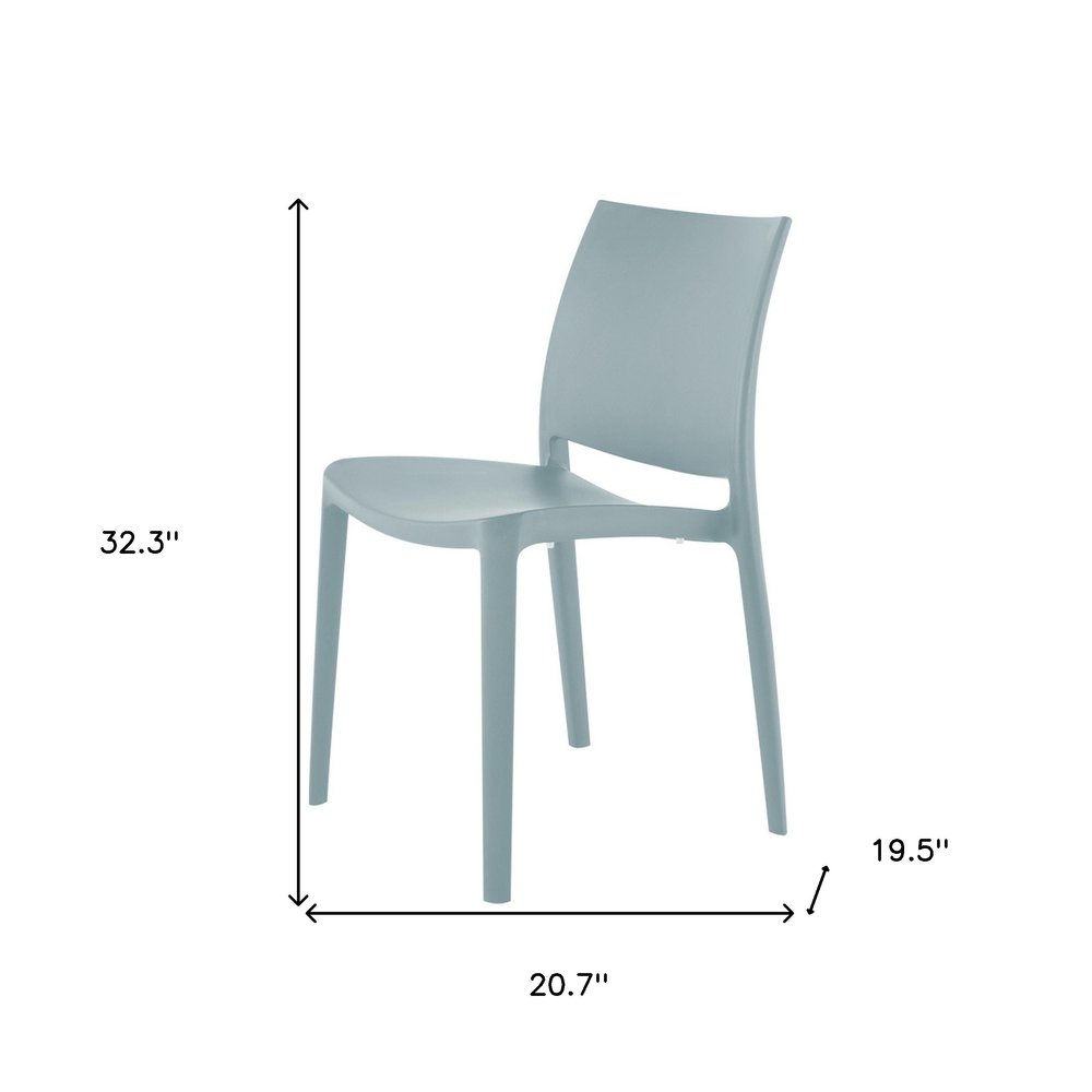 Set of Four Baby Blue Heavy Duty Plastic Outdoor Stacking Dining Chairs on a white background