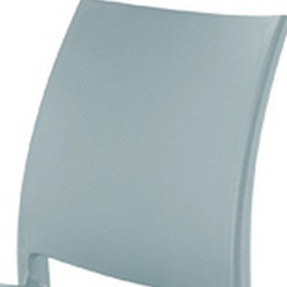 Set of Four Baby Blue Heavy Duty Plastic Outdoor Stacking Dining Chairs on a white background