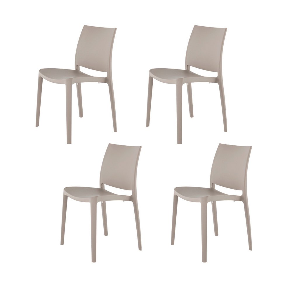 Set of Four Taupe Heavy Duty Plastic Outdoor Stacking Dining Chairs on a white background
