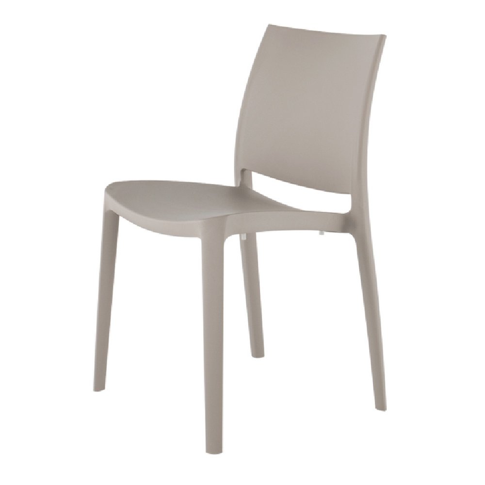 Set of Four Taupe Heavy Duty Plastic Outdoor Stacking Dining Chairs on a white background