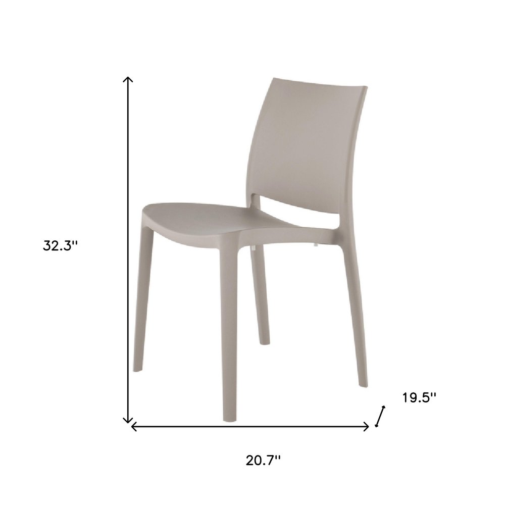 Set of Four Taupe Heavy Duty Plastic Outdoor Stacking Dining Chairs on a white background