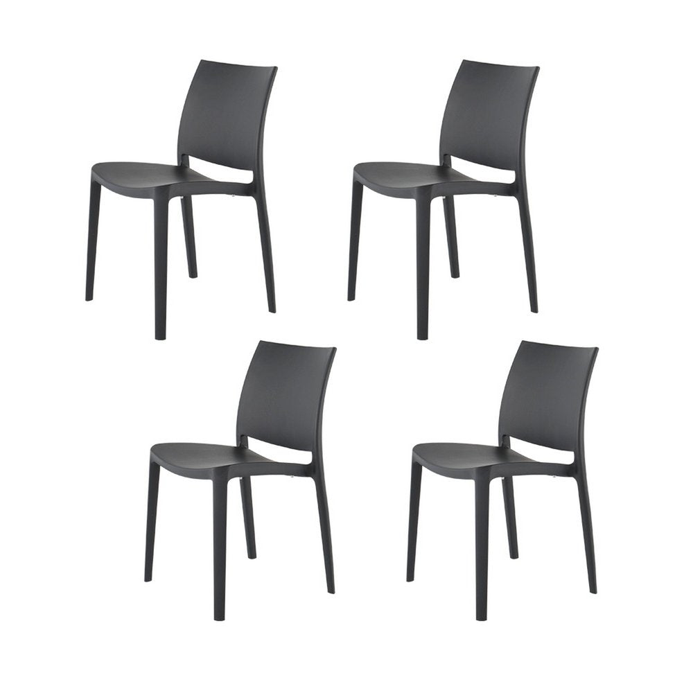 Set of Four Dark Gray Heavy Duty Plastic Outdoor Stacking Dining Chairs on a white background
