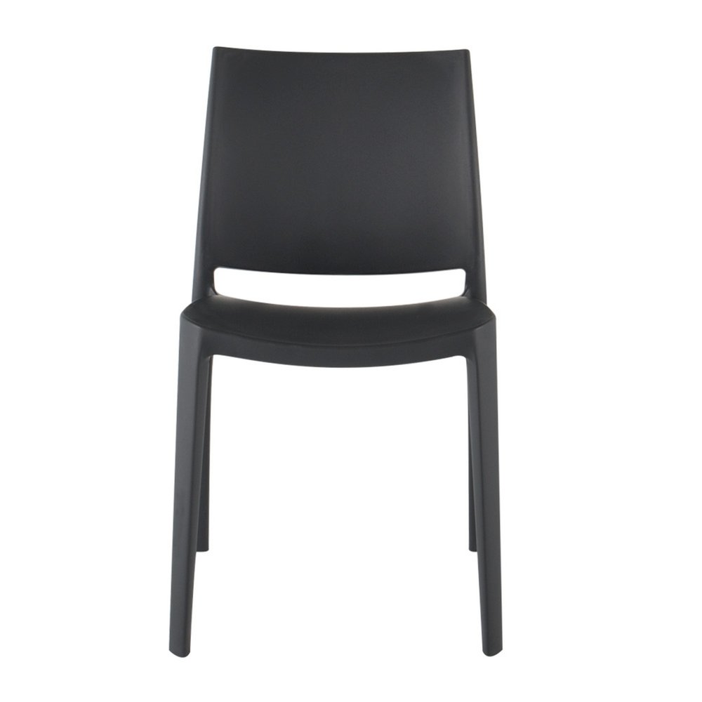 Set of Four Dark Gray Heavy Duty Plastic Outdoor Stacking Dining Chairs on a white background