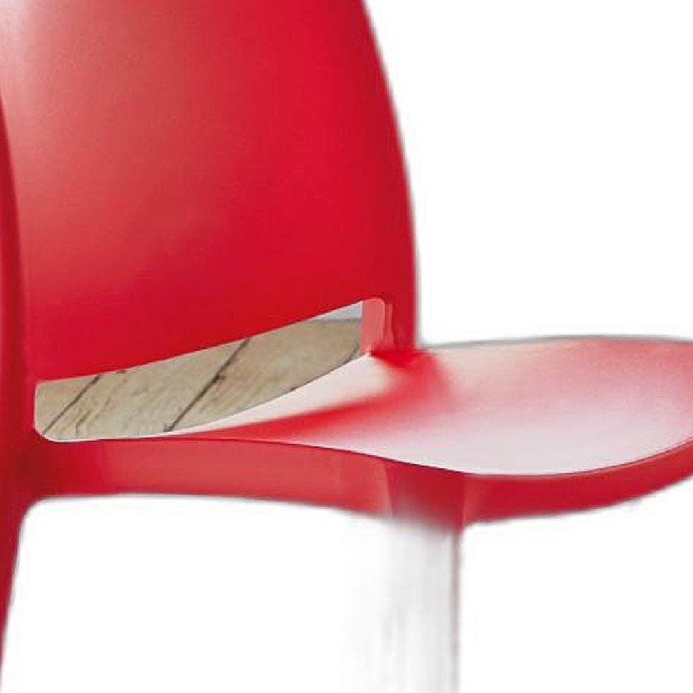 Set of Four Red Heavy Duty Plastic Outdoor Stacking Dining Chairs on a white background