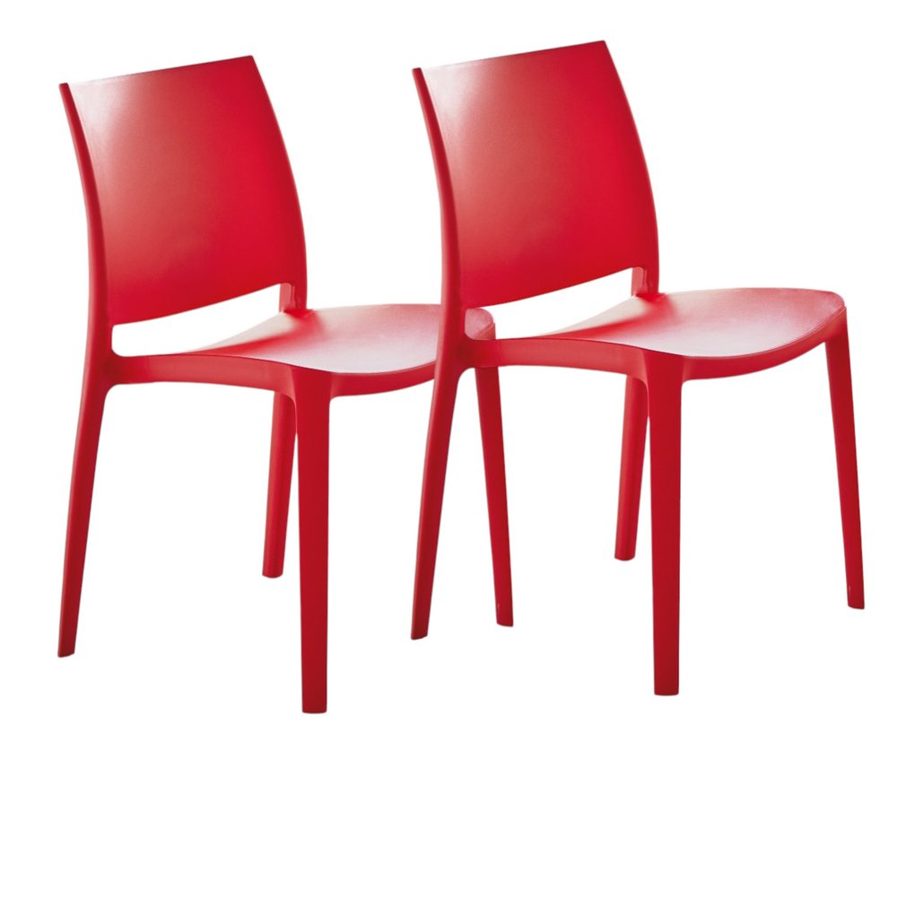 Set of Four Red Heavy Duty Plastic Outdoor Stacking Dining Chairs on a white background