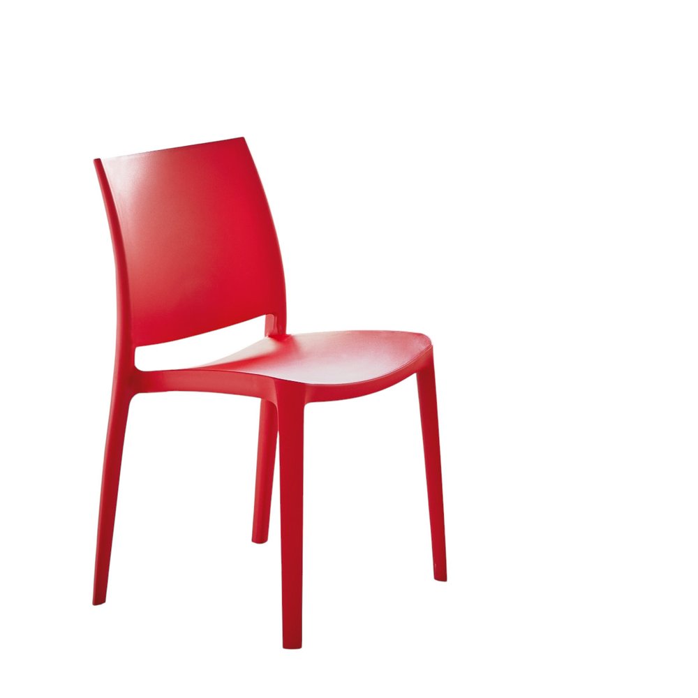 Set of Four Red Heavy Duty Plastic Outdoor Stacking Dining Chairs on a white background