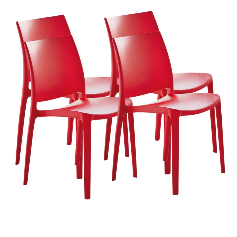 Set of Four Red Heavy Duty Plastic Outdoor Stacking Dining Chairs on a white background