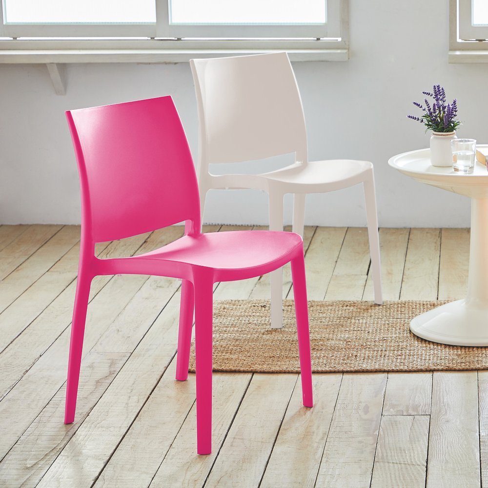 Set of Four Fuchsia Heavy Duty Plastic Outdoor Stacking Dining Chairs on a white background
