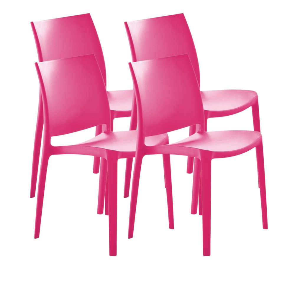Set of Four Fuchsia Heavy Duty Plastic Outdoor Stacking Dining Chairs on a white background