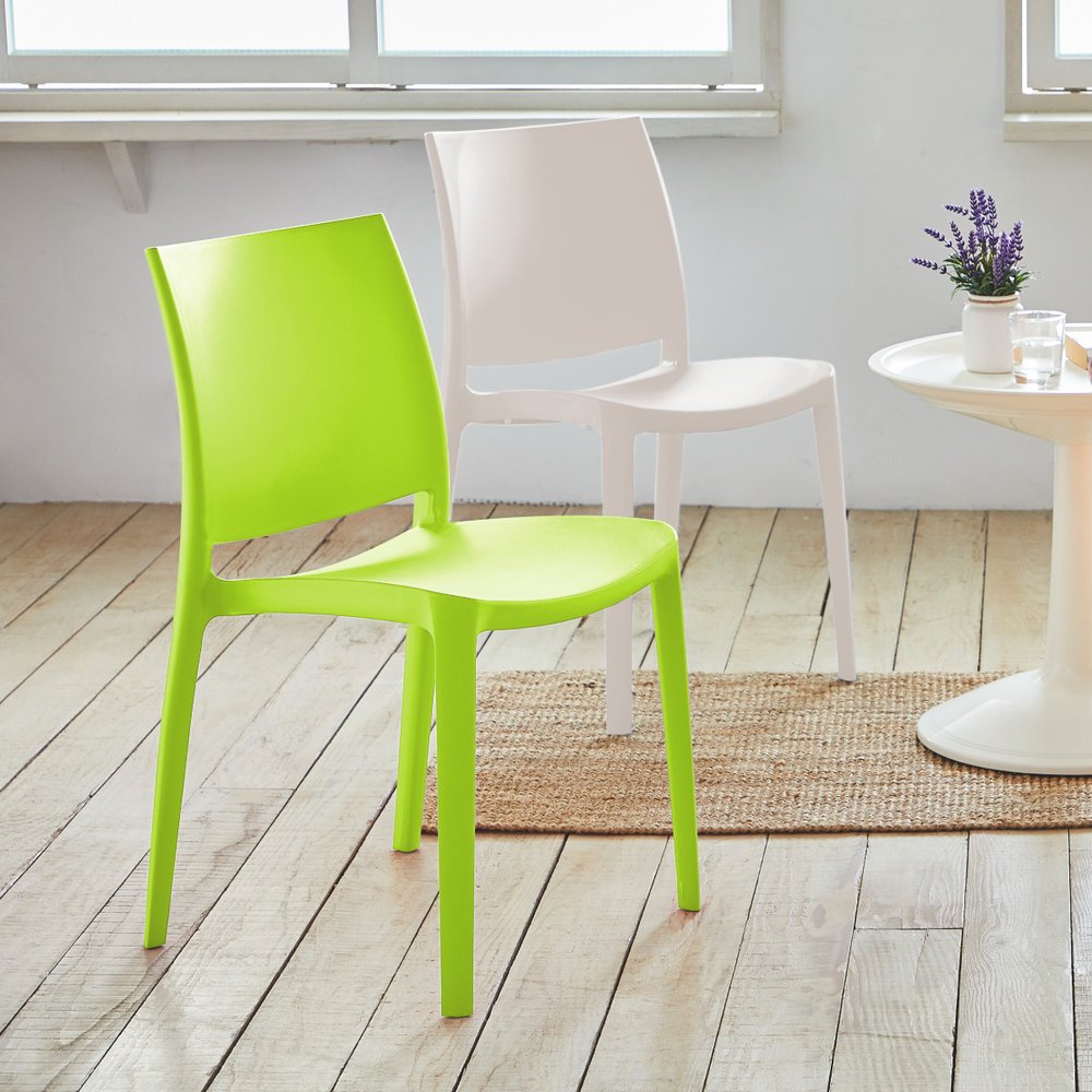 Set of Four Green Heavy Duty Plastic Outdoor Stacking Dining Chairs on a white background