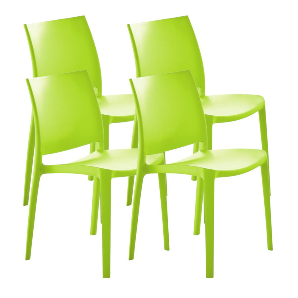 Set of Four Green Heavy Duty Plastic Outdoor Stacking Dining Chairs on a white background