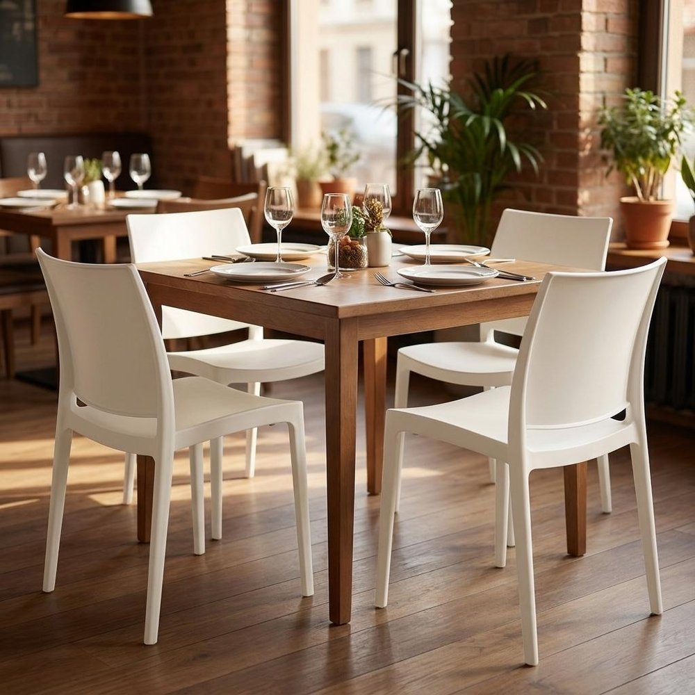 Set of Four White Heavy Duty Plastic Outdoor Stacking Dining Chairs in a home interior