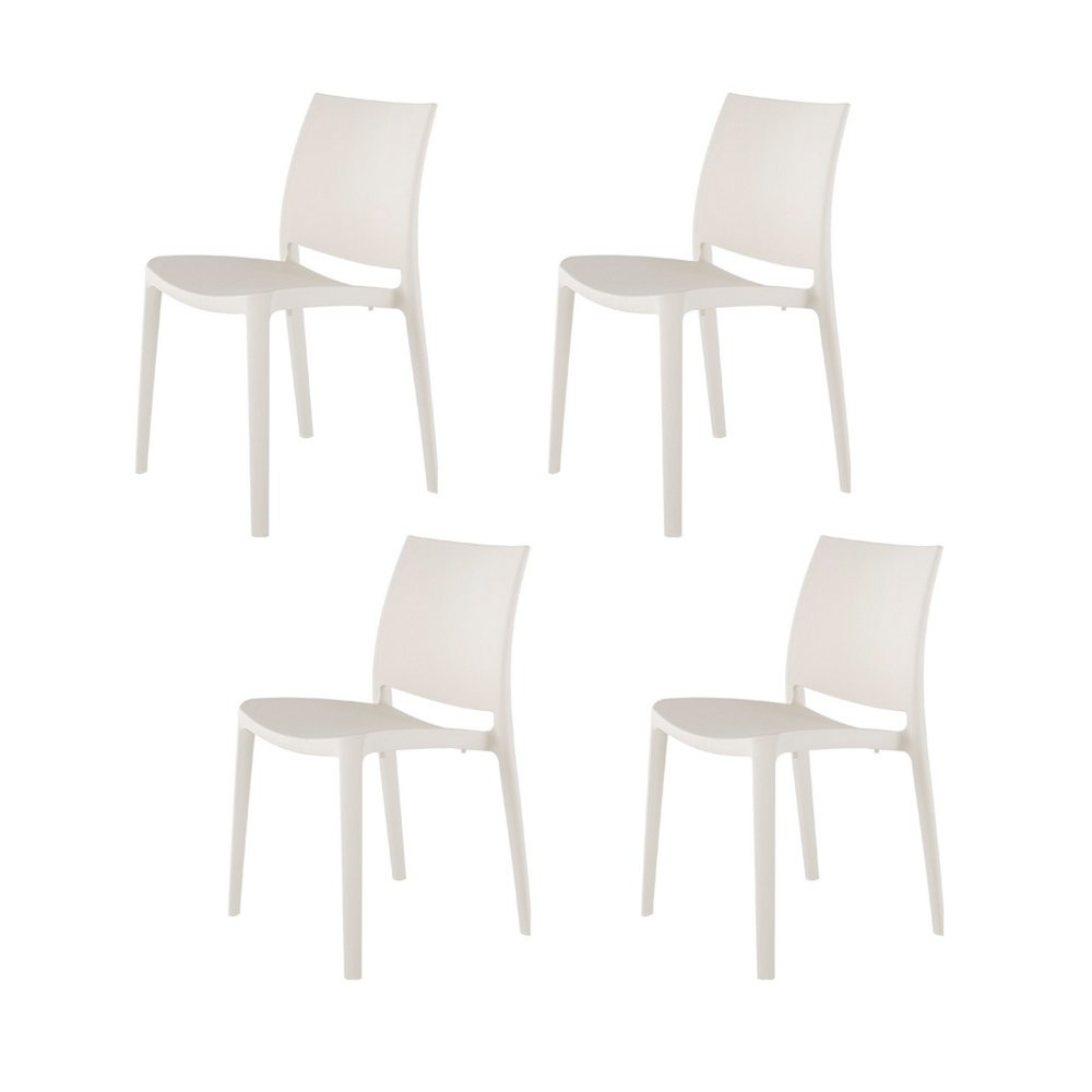 Set of Four White Heavy Duty Plastic Outdoor Stacking Dining Chairs on a white background