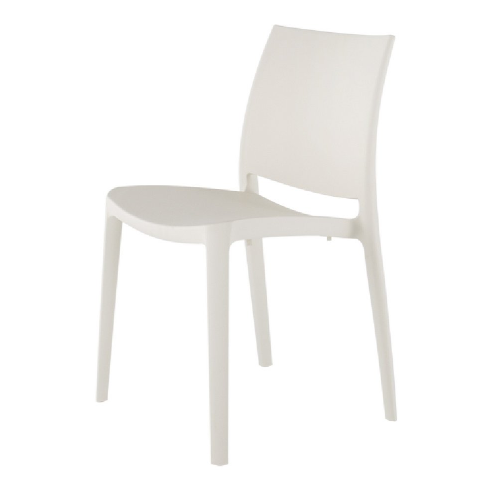 Set of Four White Heavy Duty Plastic Outdoor Stacking Dining Chairs on a white background