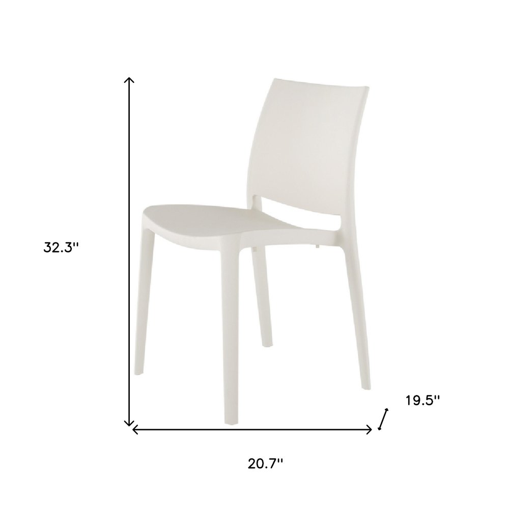 Set of Four White Heavy Duty Plastic Outdoor Stacking Dining Chairs on a white background