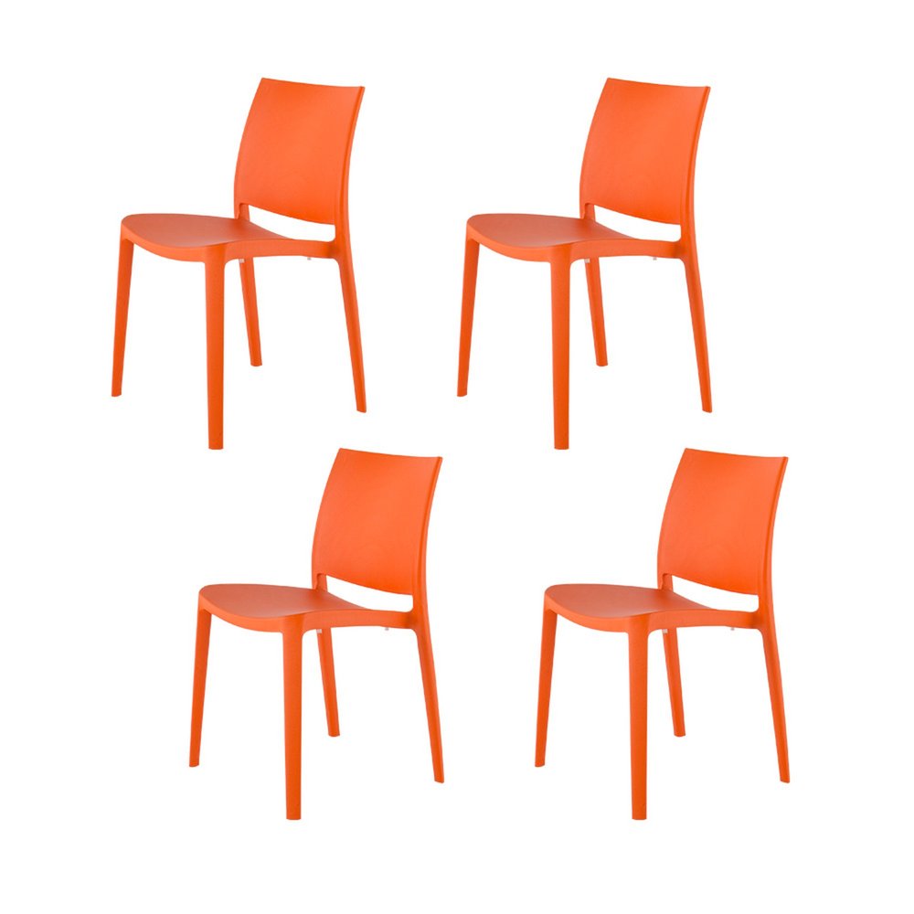 Set of Four Orange Heavy Duty Plastic Outdoor Stacking Dining Chairs on a white background