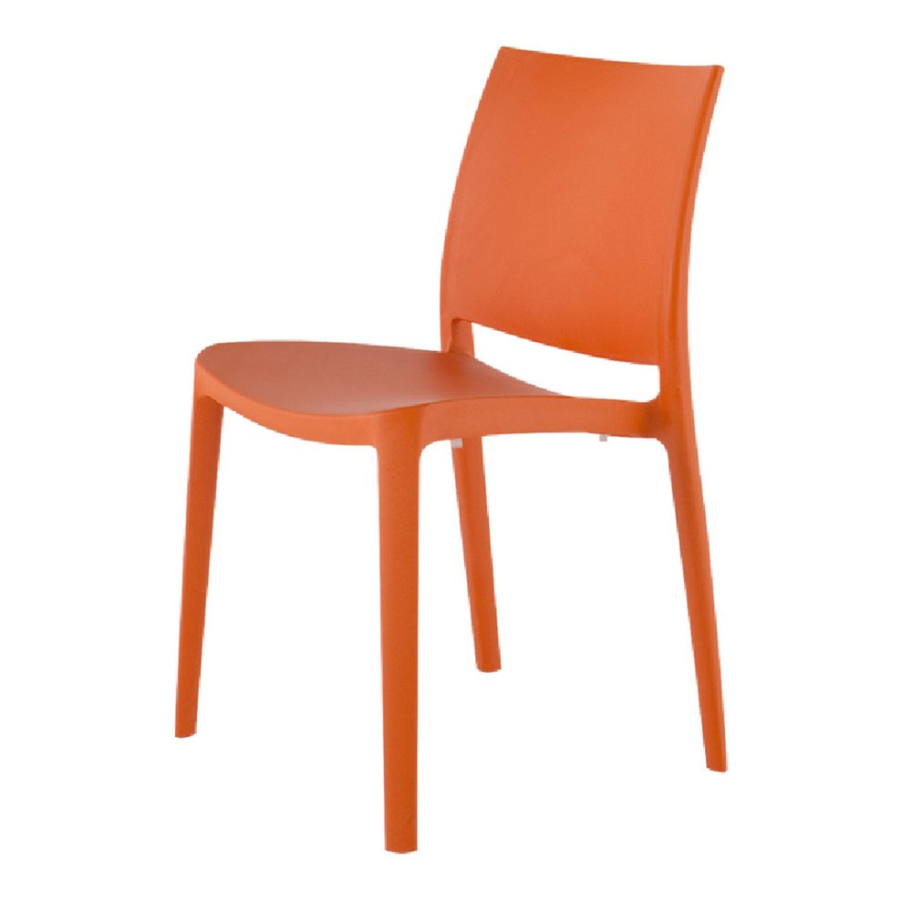 Set of Four Orange Heavy Duty Plastic Outdoor Stacking Dining Chairs on a white background