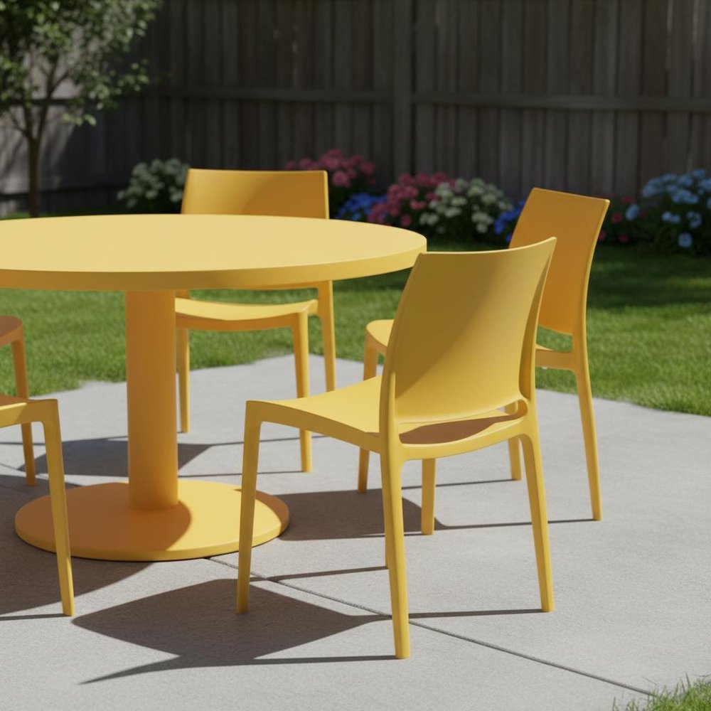 Set of Four Gold Heavy Duty Plastic Outdoor Stacking Dining Chairs in a home interior
