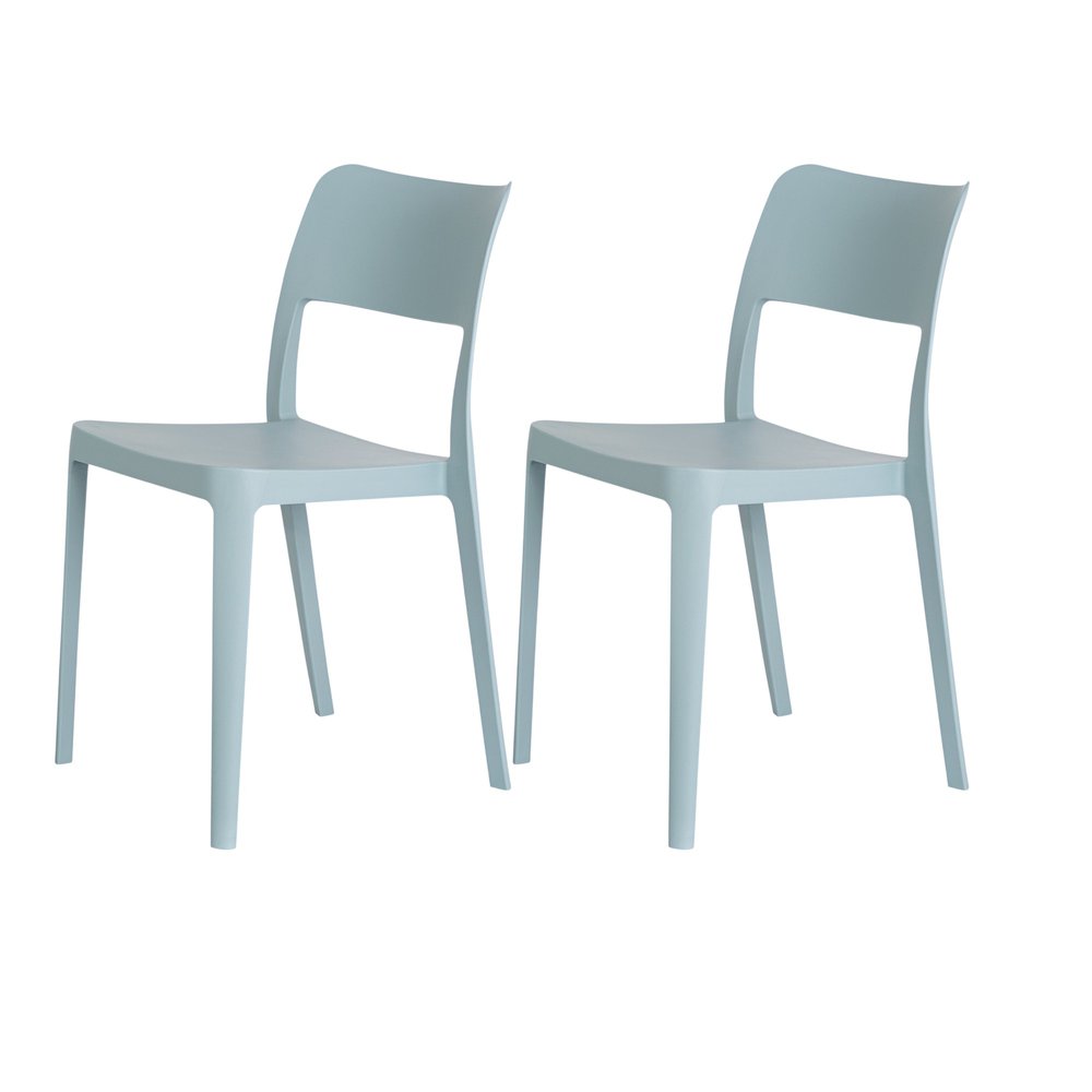 Set of Two Baby Blue Heavy Duty Plastic Outdoor Stacking Accent Chairs on a white background