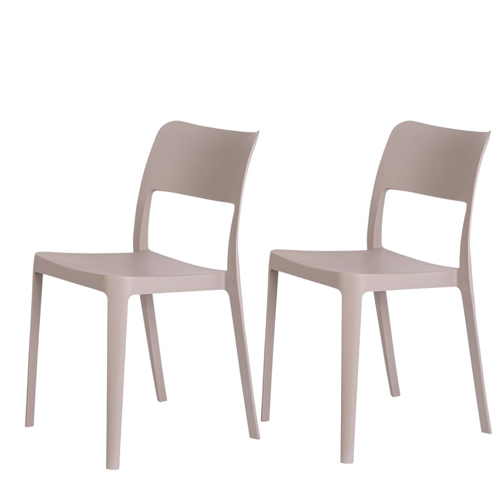 Set of Two Taupe Heavy Duty Plastic Outdoor Stacking Accent Chairs on a white background