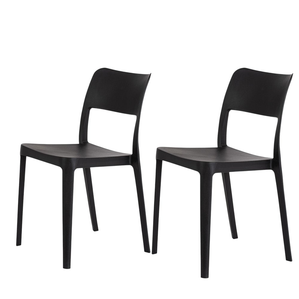 Set of Two Black Heavy Duty Plastic Outdoor Stacking Accent Chairs on a white background