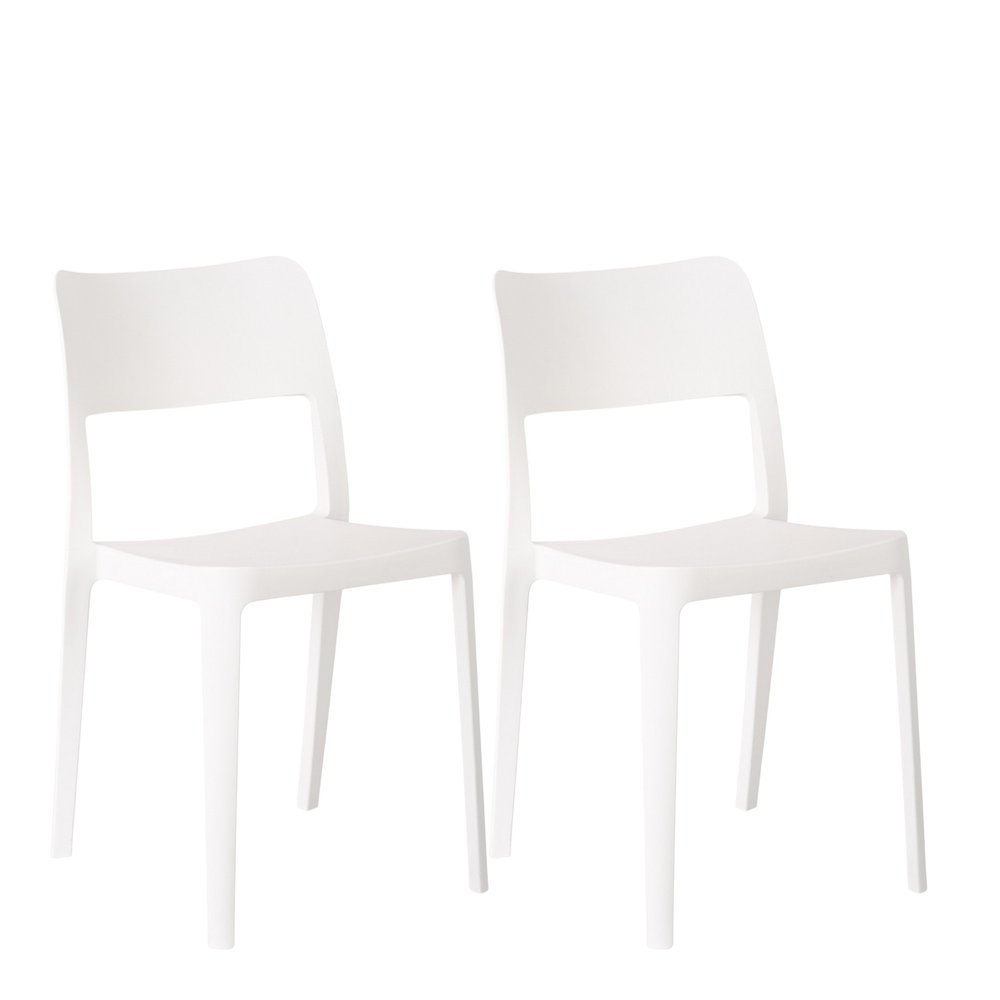 Set of Two White Heavy Duty Plastic Outdoor Stacking Accent Chairs on a white background