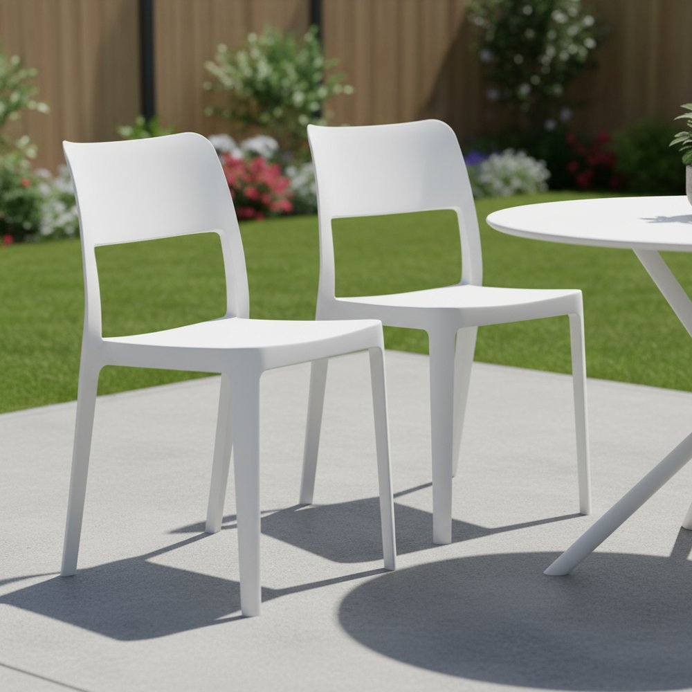 Set of Two White Heavy Duty Plastic Outdoor Stacking Accent Chairs in a home interior