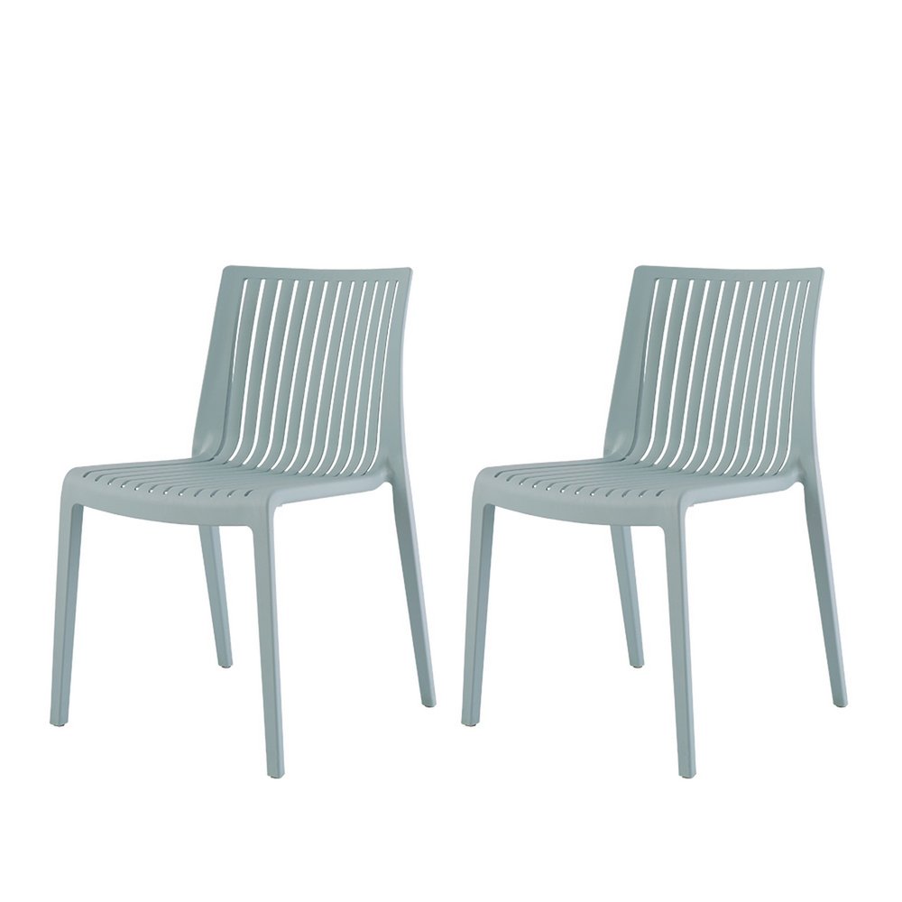 Set of Two Baby Blue Heavy Duty Plastic Outdoor Stacking Accent Chairs on a white background