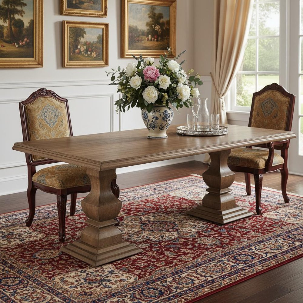 96" Brown Solid Wood Double Pedestal Base Dining Table in a home interior