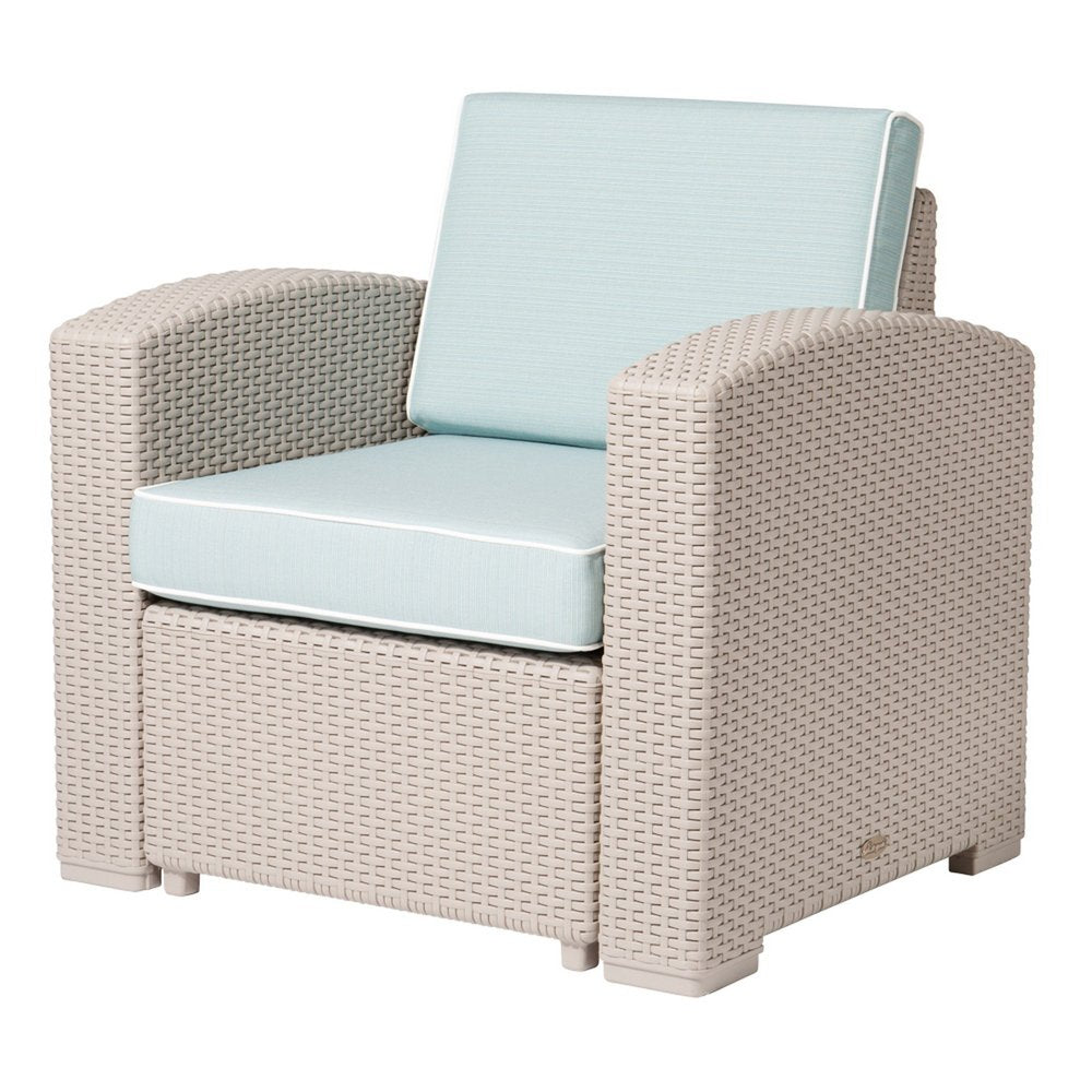 33" Gray Heavy Duty Plastic Outdoor Club Chair With Blue Cushion. Outdoor chair isolated on a plain white background, showing a plastic surface.
