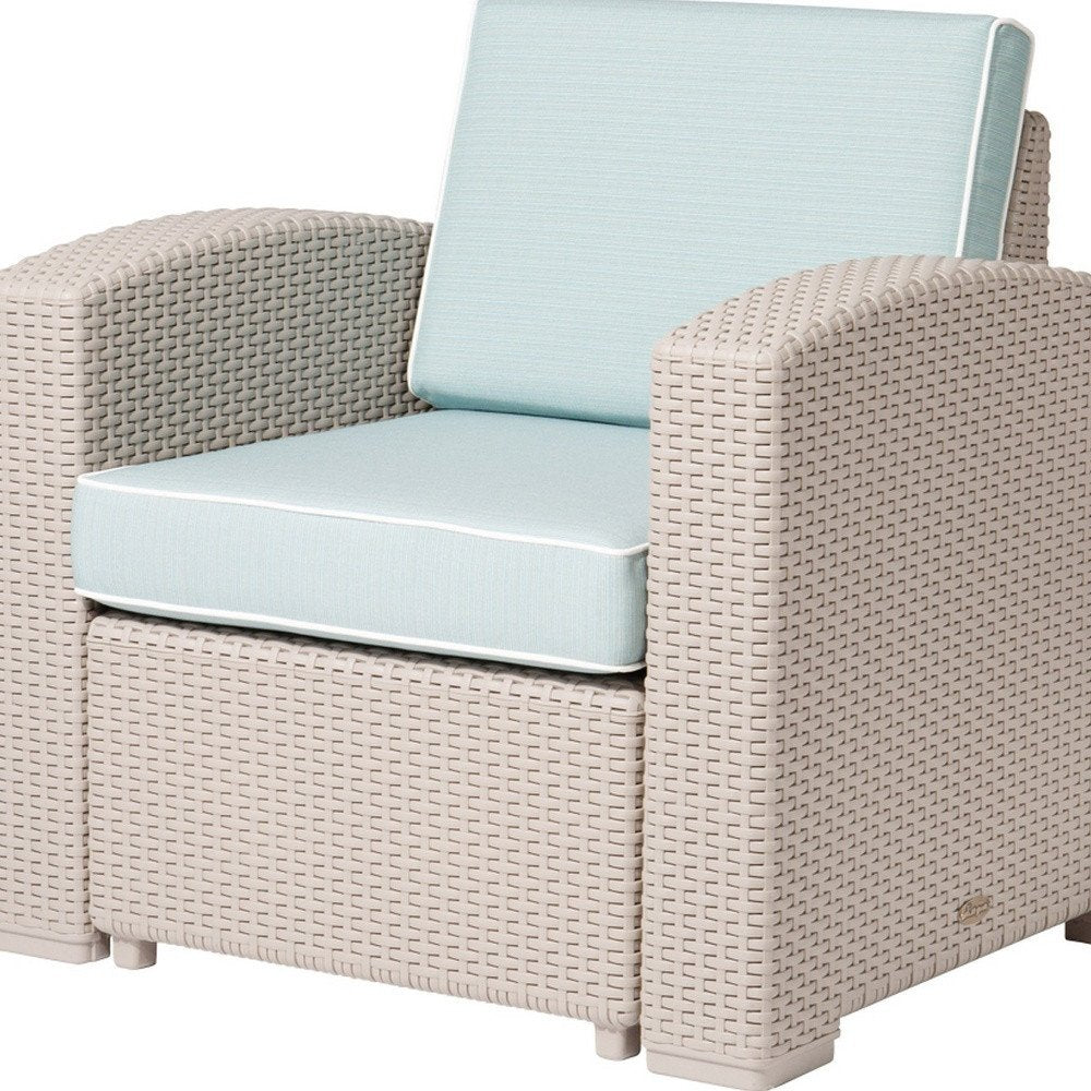 33" Gray Heavy Duty Plastic Outdoor Club Chair With Blue Cushion. Outdoor chair isolated on a plain white background, showing a plastic surface.