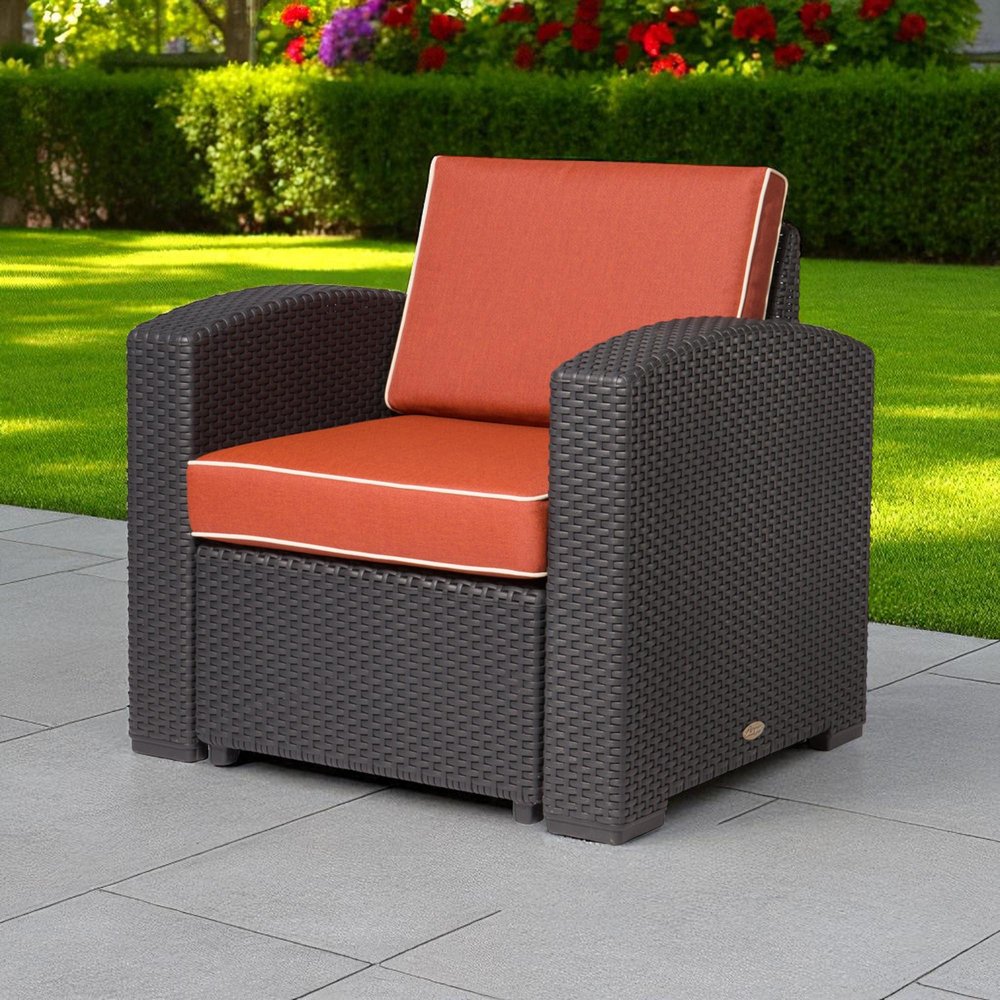 33" Black Heavy Duty Plastic Outdoor Club Chair With Red Cushion