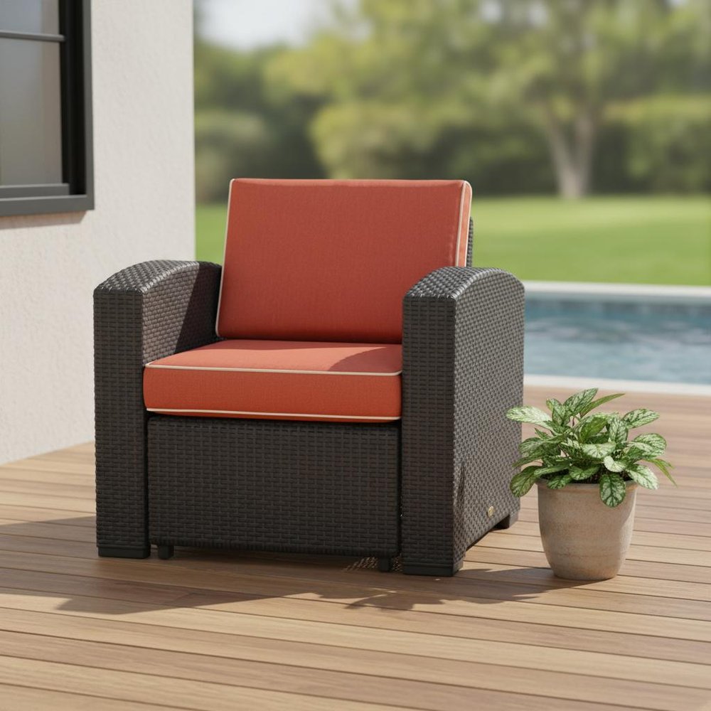 33" Black Heavy Duty Plastic Outdoor Club Chair With Red Cushion