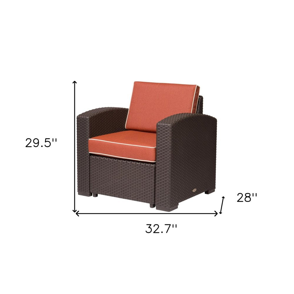 33" Red Heavy Duty Plastic Outdoor Accent Chair with Red Cushion. Outdoor chair isolated on a plain white background, showing a red plastic surface.