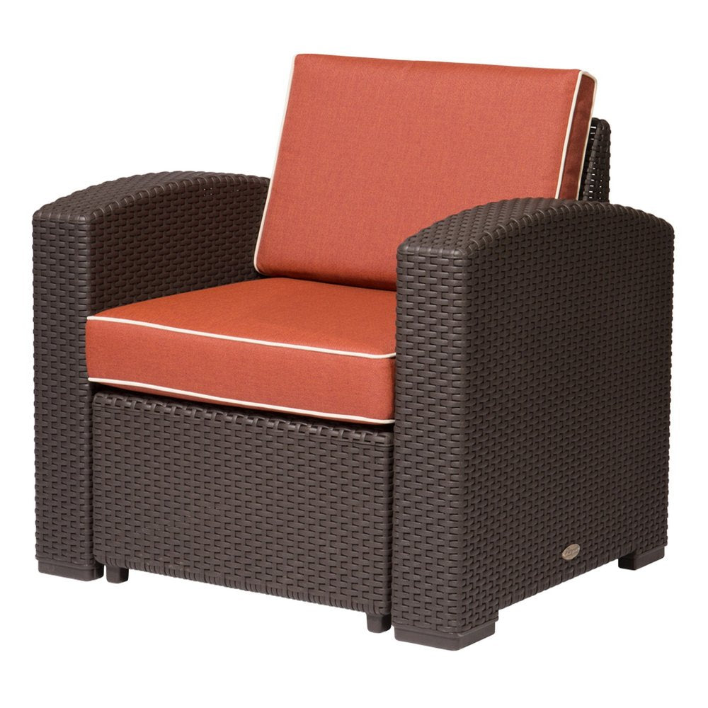 33" Red Heavy Duty Plastic Outdoor Accent Chair with Red Cushion. Outdoor chair isolated on a plain white background, finished in red plastic.