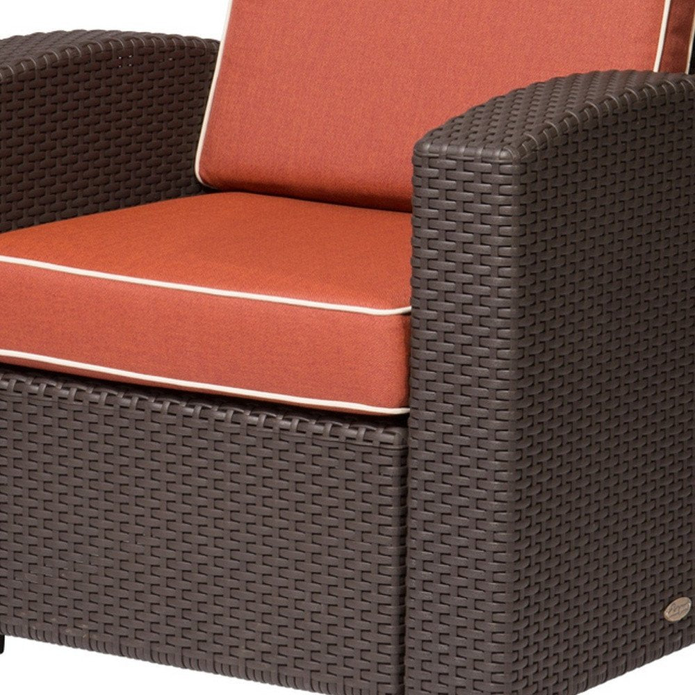33" Red Heavy Duty Plastic Outdoor Accent Chair with Red Cushion. Outdoor chair in brown plastic.