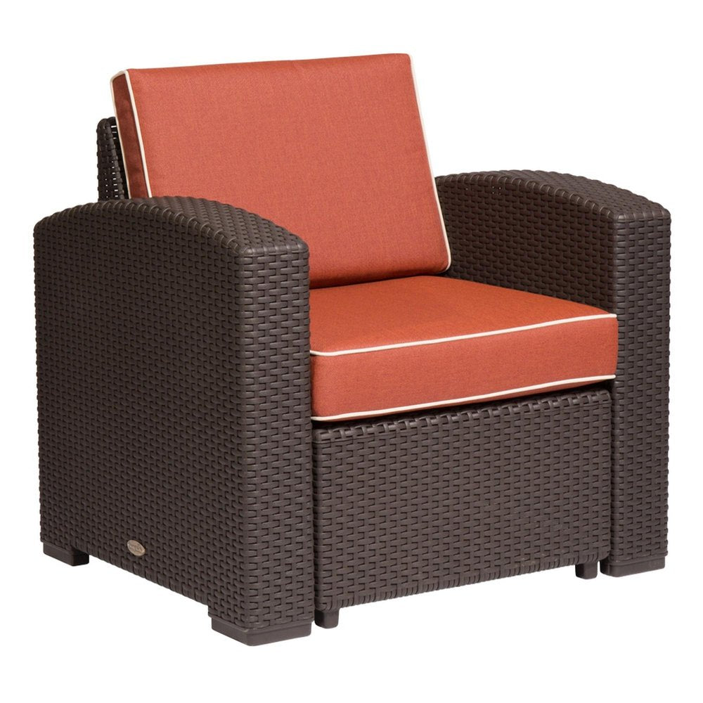 33" Red Heavy Duty Plastic Outdoor Accent Chair with Red Cushion. Outdoor chair isolated on a plain white background, finished in brown plastic.