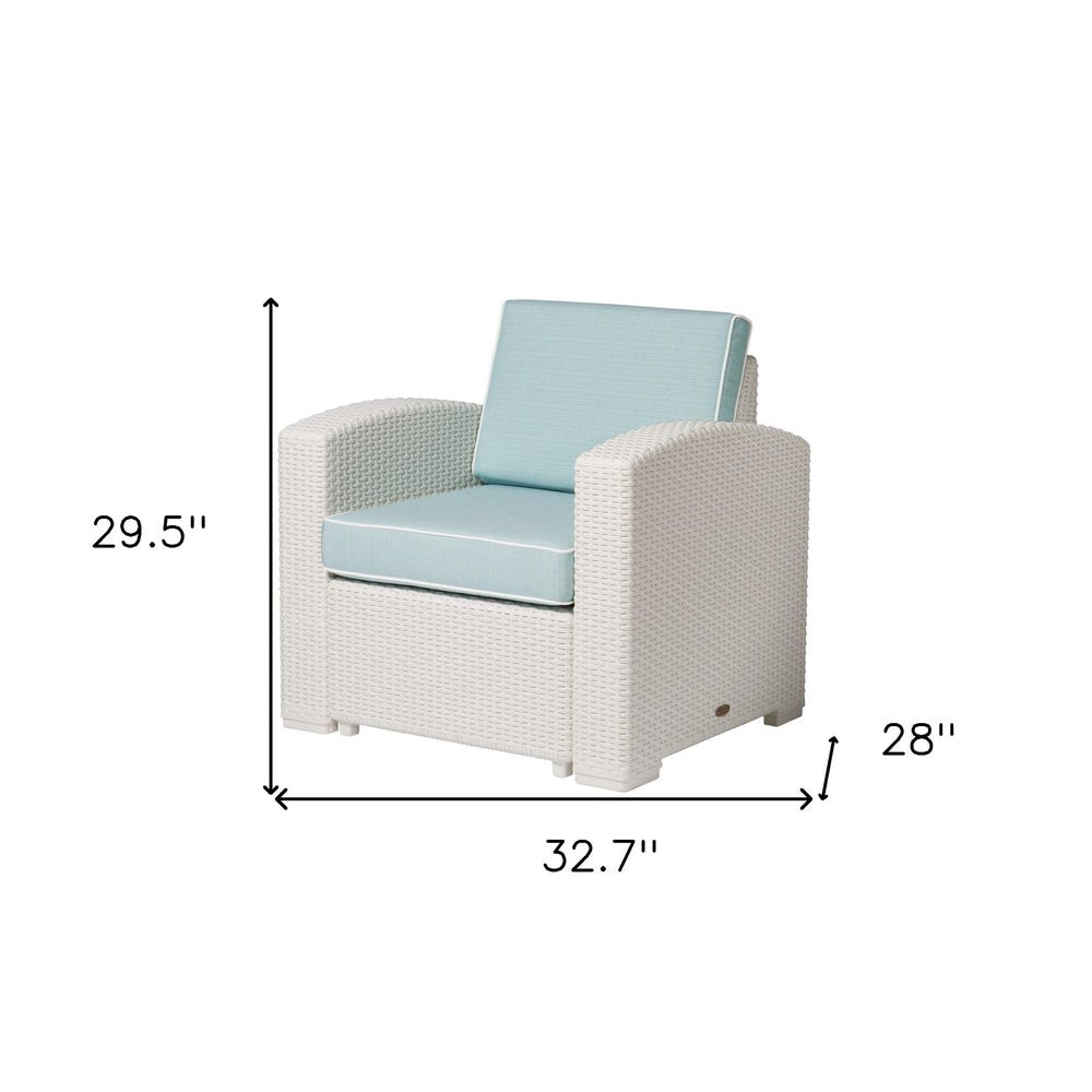 33" White Heavy Duty Plastic Outdoor Club Chair With Aqua Blue Cushion. Outdoor chair isolated on a plain white background, in a white plastic finish.