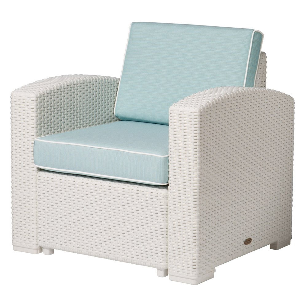 33" White Heavy Duty Plastic Outdoor Club Chair With Aqua Blue Cushion. Outdoor chair isolated on a plain white background, showing a white plastic surface.