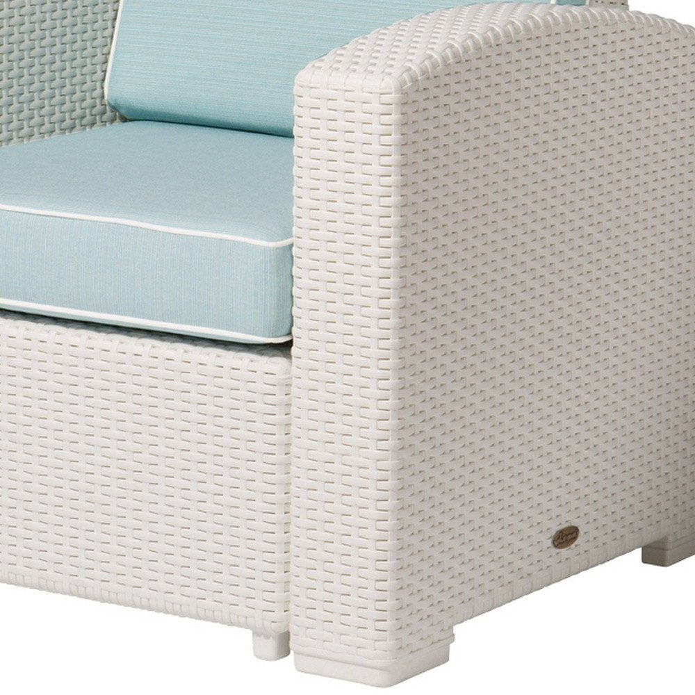 Close-up of 33" White Heavy Duty Plastic Outdoor Club Chair With Aqua Blue Cushion showing white plastic detail.